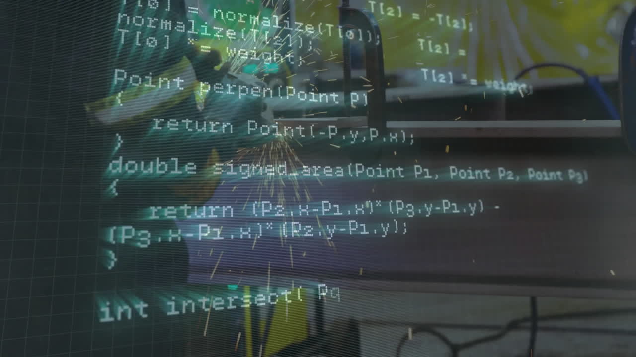 Engineer grinding metal in manufacturing workshop, showing floating code overlay and bright sparks