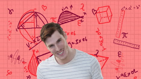animación de un estudiante caucásico confiado sobre ecuaciones matemáticas y geometría en papel rosa