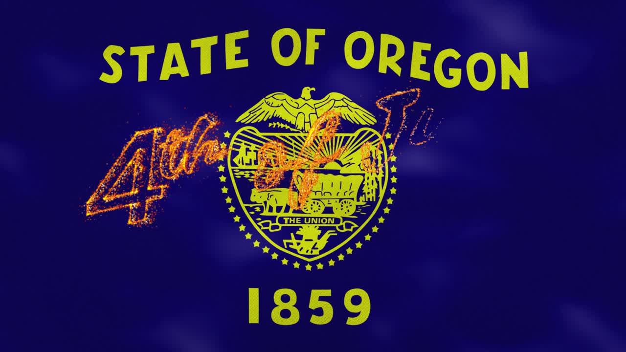 오리건의 국기 배경은 7월 4일 화재 글자, 루프입니다.