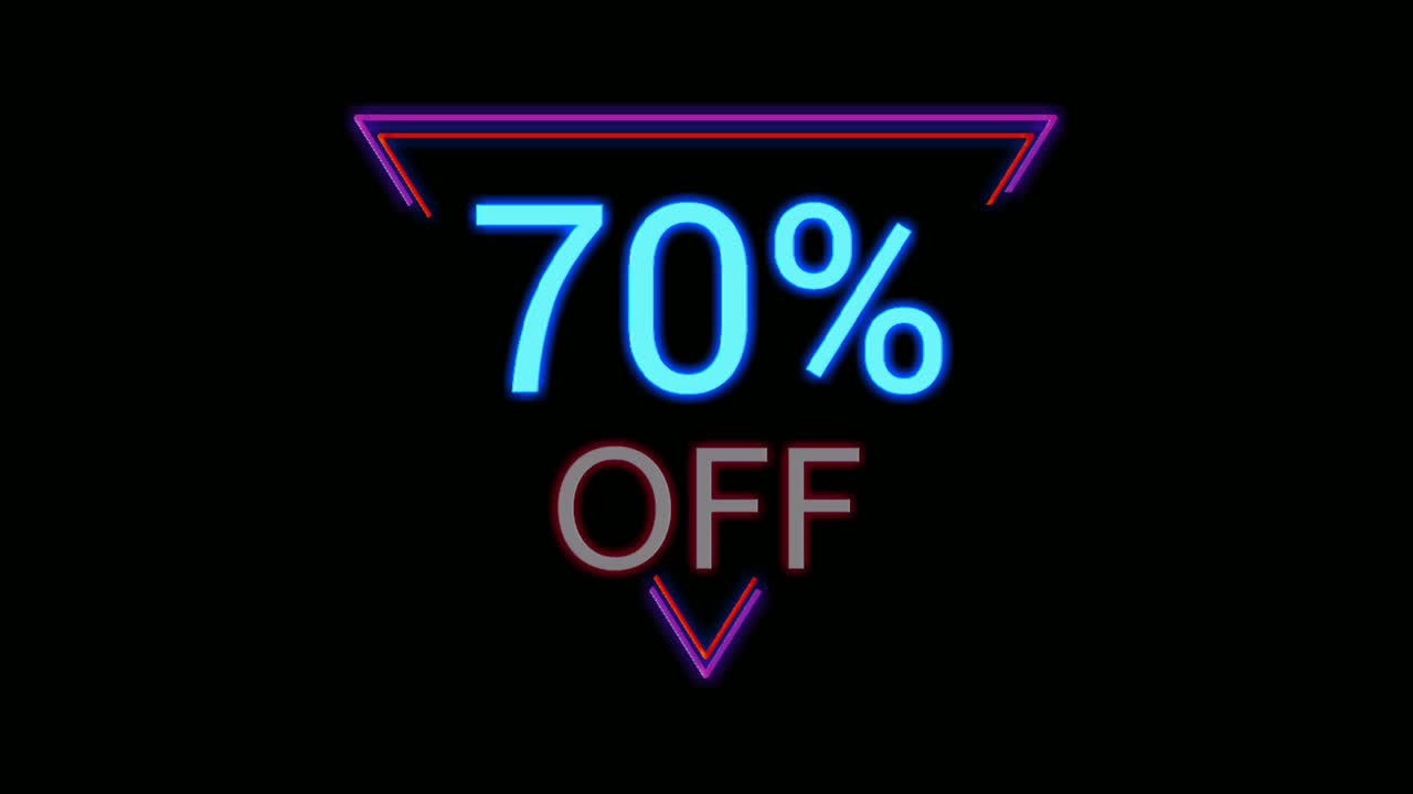 descuento de luz de neón 70% por ciento de descuento en triángulo marco moderno borde animación gráficos de movimiento en fondo negro