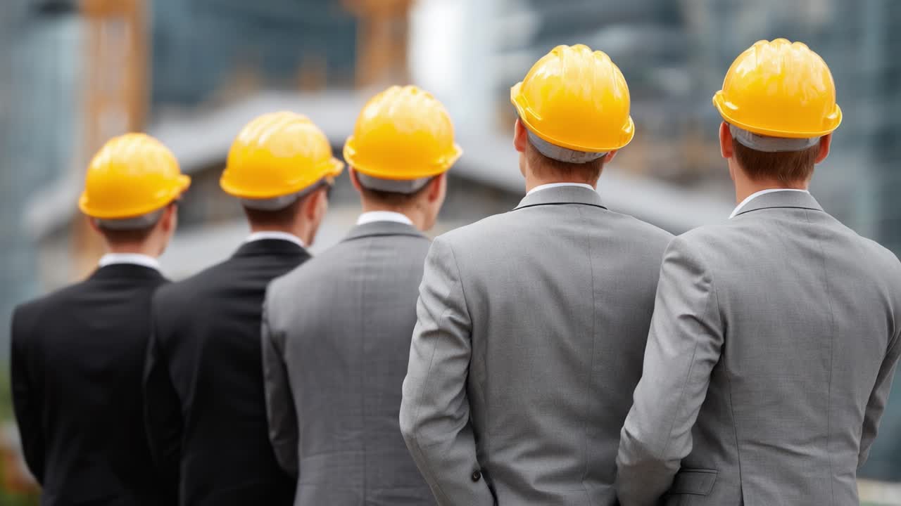 A Group of Business Professionals in Suits with Yellow Hard Hats Overlooking a Construction Site, Highlighting the Fusion of Corporate Leadership and Construction Management