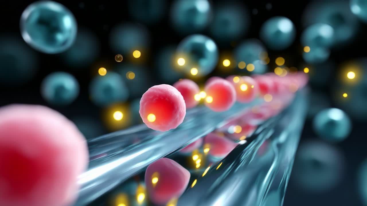 A Fascinating Look at the Dynamics of Cellular Movement and Interaction: Observing the Flow of Colorful Cells Across a Transparent Surface in a Stunning Microscopic View