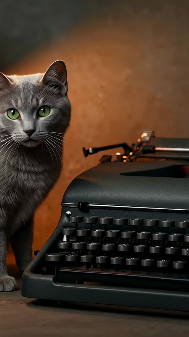 Vertical video: Reacting to offscreen noise cat leaning on wood table with typewriter, copy space