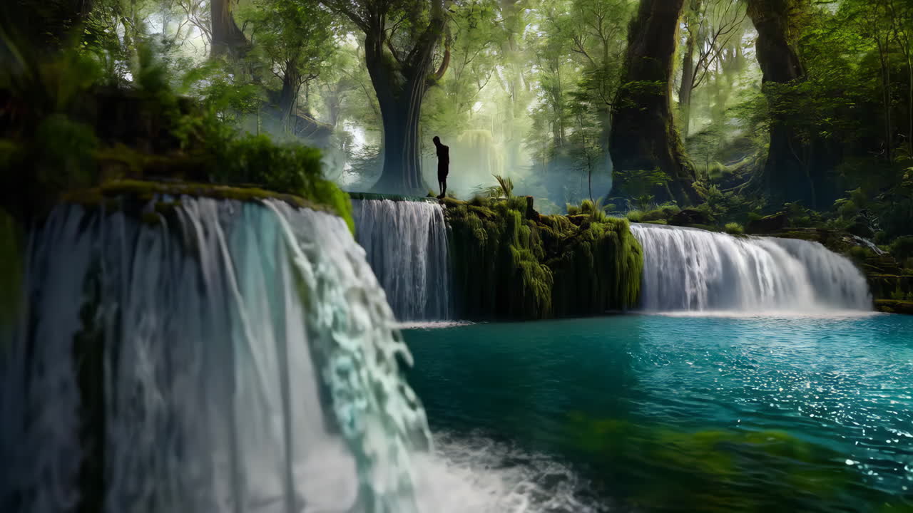 Person amidst stunning waterfalls and lush forest