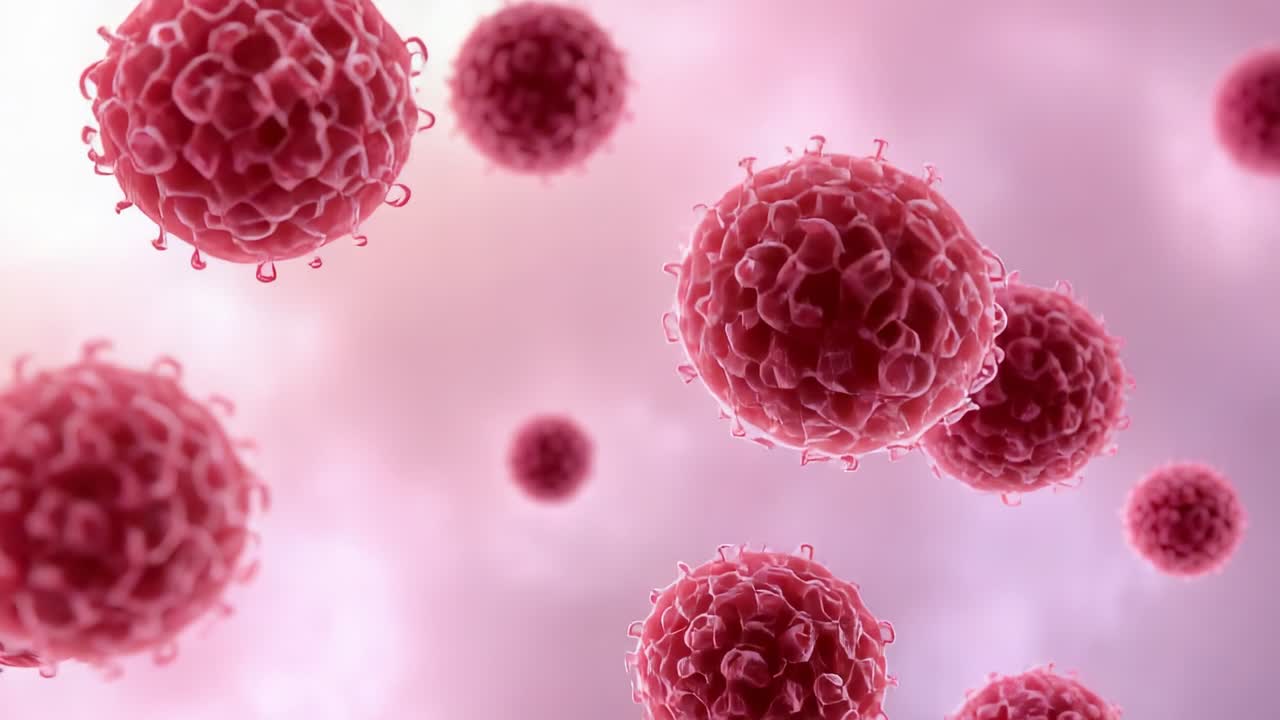 Camera shifting forward drawing focus toward viral particle in pink tissue, exposing spiky surfaces