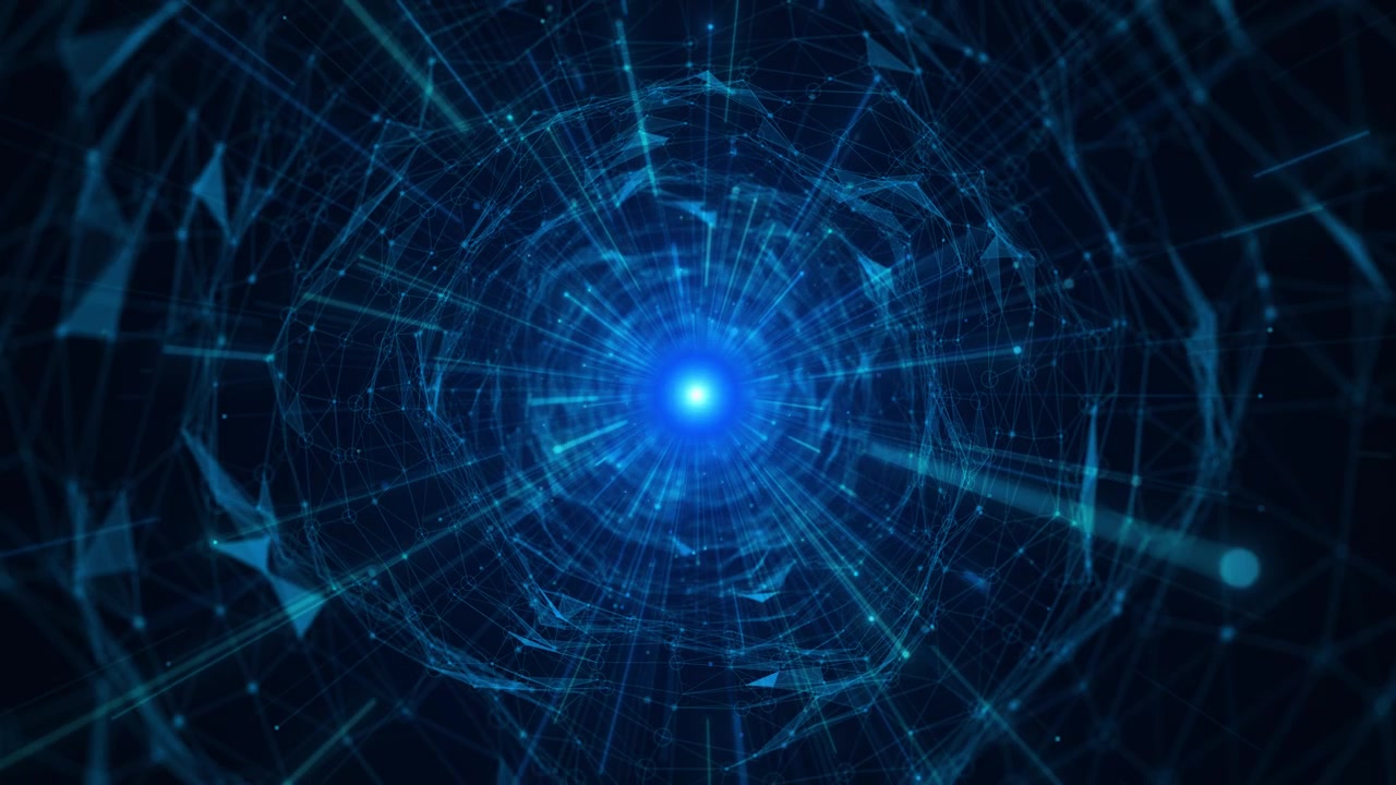 Digital blue portal network visual with radiant center polygon lines particles and abstract
