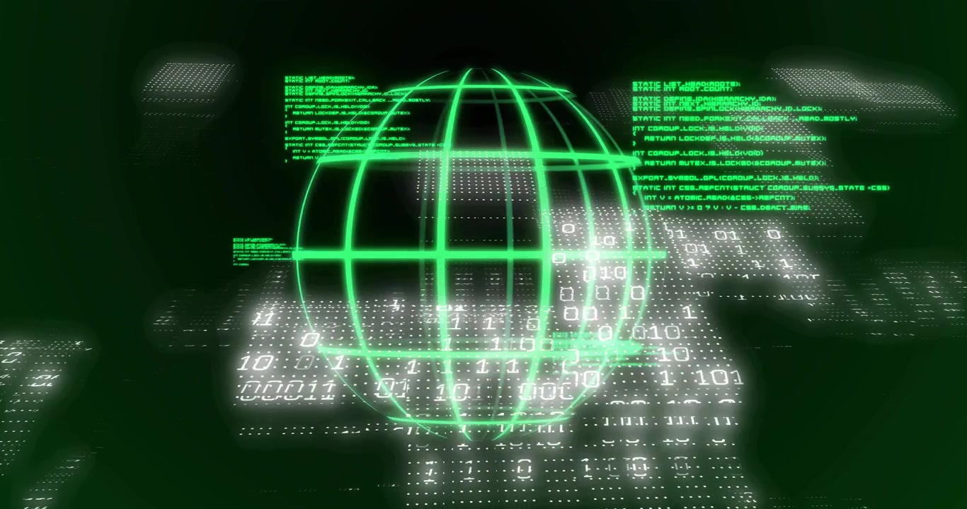 Green wireframe globe rotating as code blocks sliding in overlaying HUD, visualizing network data