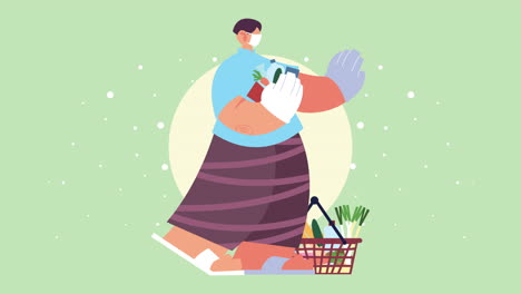 ama de casa con máscara médica comprando comestibles para la protección contra covid-19