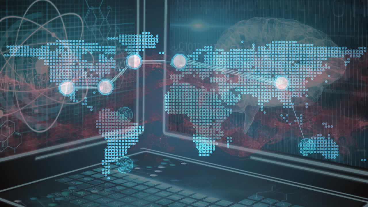 Animation of network of connections over data processing on screens