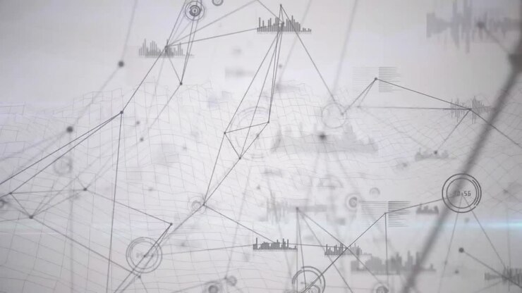 Animation of networks of connections spinning over white background