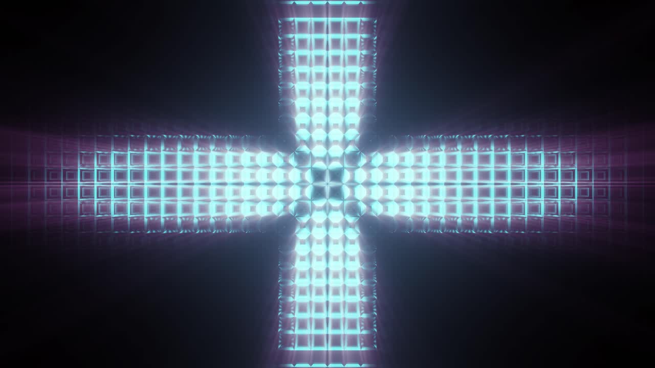 cruz iluminada de color azul claro, fondo negro, luz radiante, movimiento 3d.