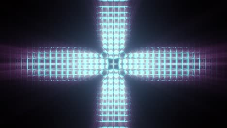 croix illuminée en bleu clair, fond noir, lumière rayonnante, mouvement 3d