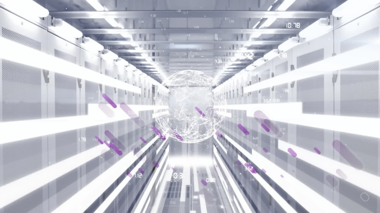 지구, 보라색 빛 트레일의 애니메이션 및 컴퓨터 서버를 통한 데이터 처리