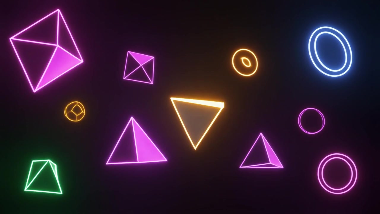 Svævende neon geometriske former roterende i mørkt rum