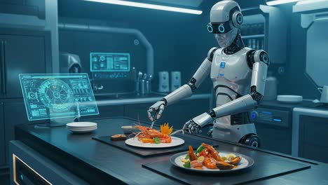 a future culinary experience: a robotic chef skillfully prepares gourmet dishes in a high-tech kitchen setting with advanced technology and sophisticated presentation