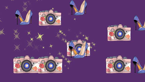 animation of heels, cameras and stars over purple background