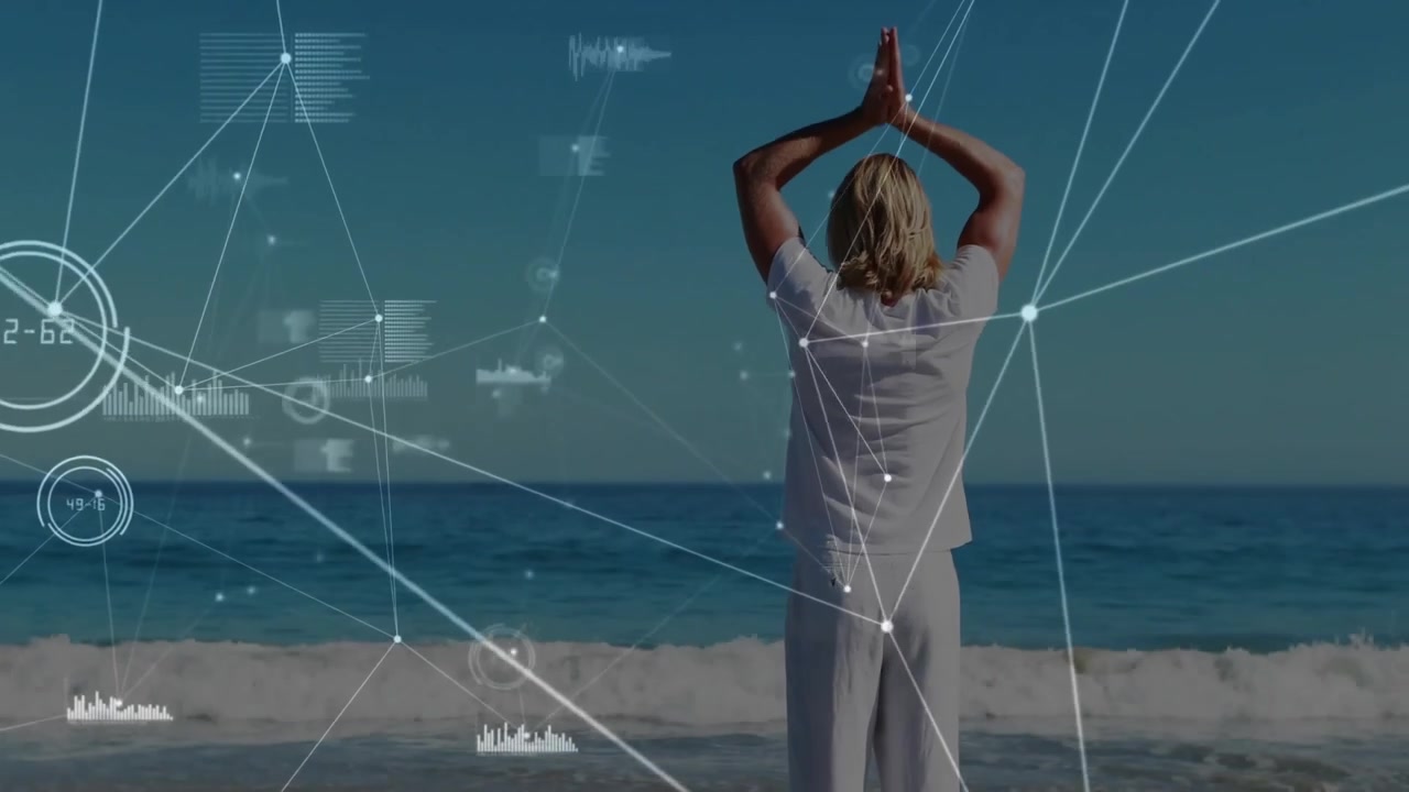 Man starting arms lifting into prayer for health on beach as network graphics growing