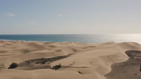 Drohnenaufnahme-Von-Dünen-Und-Wüste-Mit-Strand-Und-Meer,-Dunas-De-Maspalomas,-Gran-Canaria