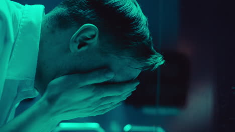 man washing face in teal lit bathroom