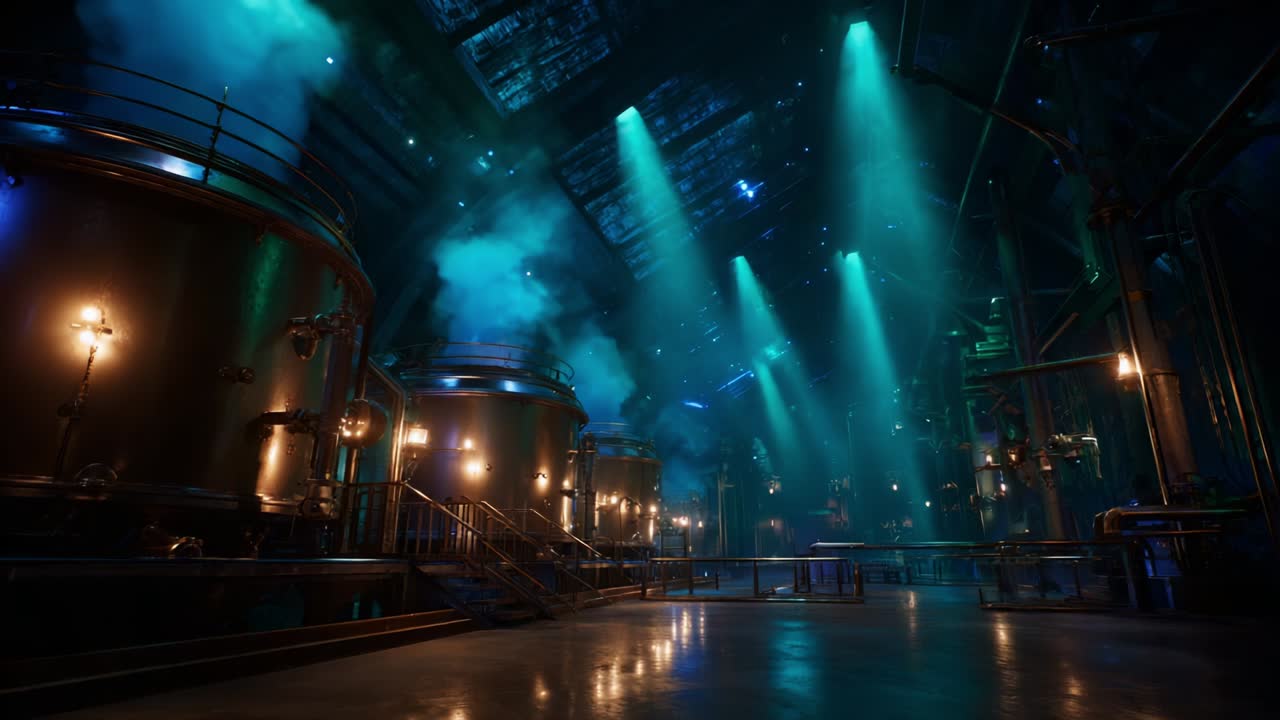 Mysterious Industrial Environment with Ethereal Lighting and Steam Effects, Showcasing Large Tanks and a High Ceiling Amidst a Dark Atmosphere, Perfect for a Sci-Fi or Fantasy Setting