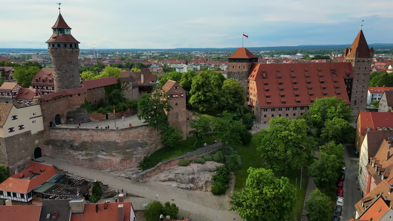 4K Aerial Drone Video of the Imperial Castle and Gardens in Downtown Nurnberg, Germany