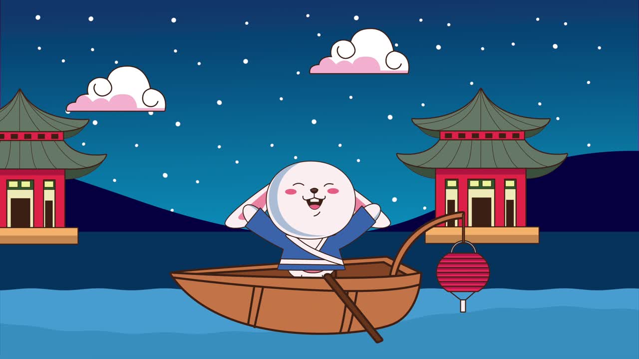 배와 건물에 토끼와 함께 중 가을 축제 애니메이션