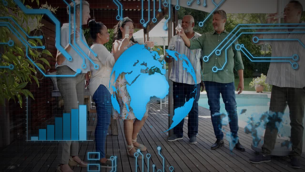 Holographic globe appearing, six adults raising glasses, clinking as bar chart expanding for tech