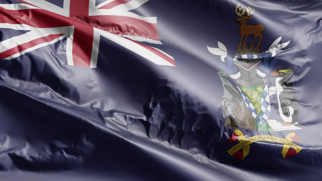 사우스 조지아와 사우스 샌드위치 제도의 발이 바람에 흔들리고, 사우스 조지아 및 사우스 샌드비치 제도의 배너가 바람에 휘어지고, 배경이 완전히 가득 차 있습니다.