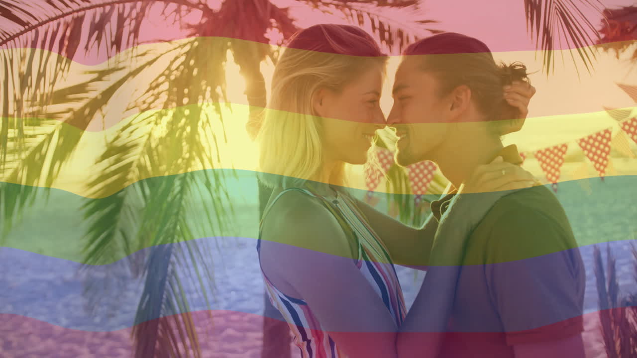 Embracing under rainbow flag, couple with palm trees creating animation effect