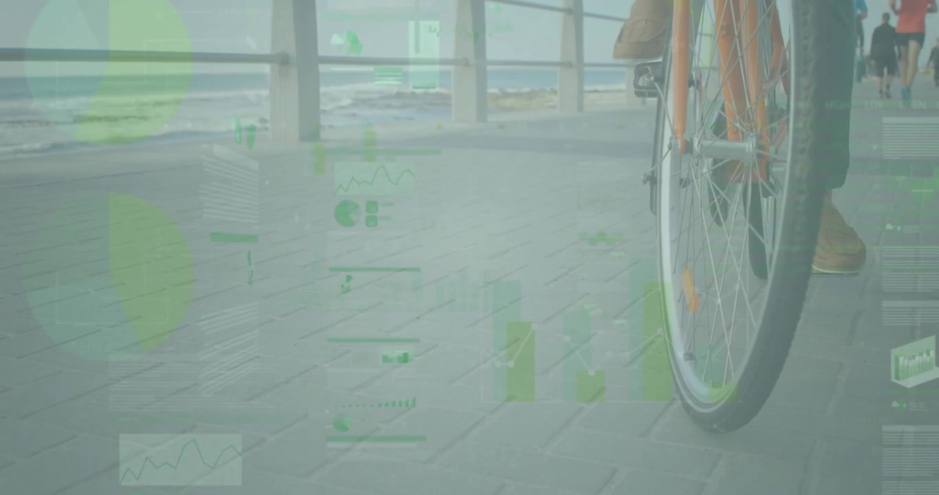 Ciclista uomo che preme il pedale e pedala lungo la passerella, con grafici fitness che animano metriche in tempo reale
