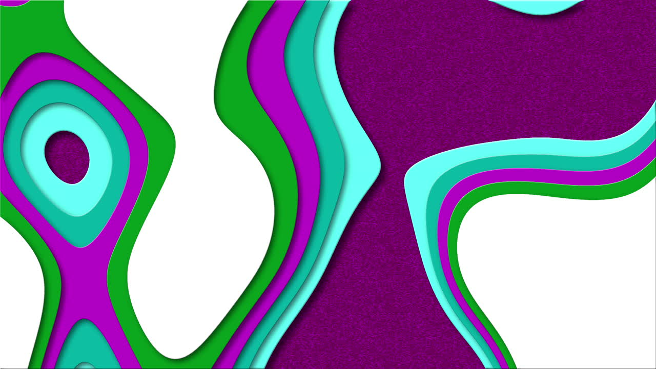 Cartoon fun multi-layered relief animation of colored shapes. Paper cut. Looped motion graphics. Textured purple background.