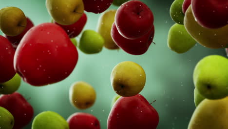 Clearly-clean-colorful-apples-with-water-droplets-falling-down-in-front-of-the-blurry-background.-Slow-motion-computer-generated-imagery-presenting-realistic-looking-fruits-in-the-air.-Loopable.-HD