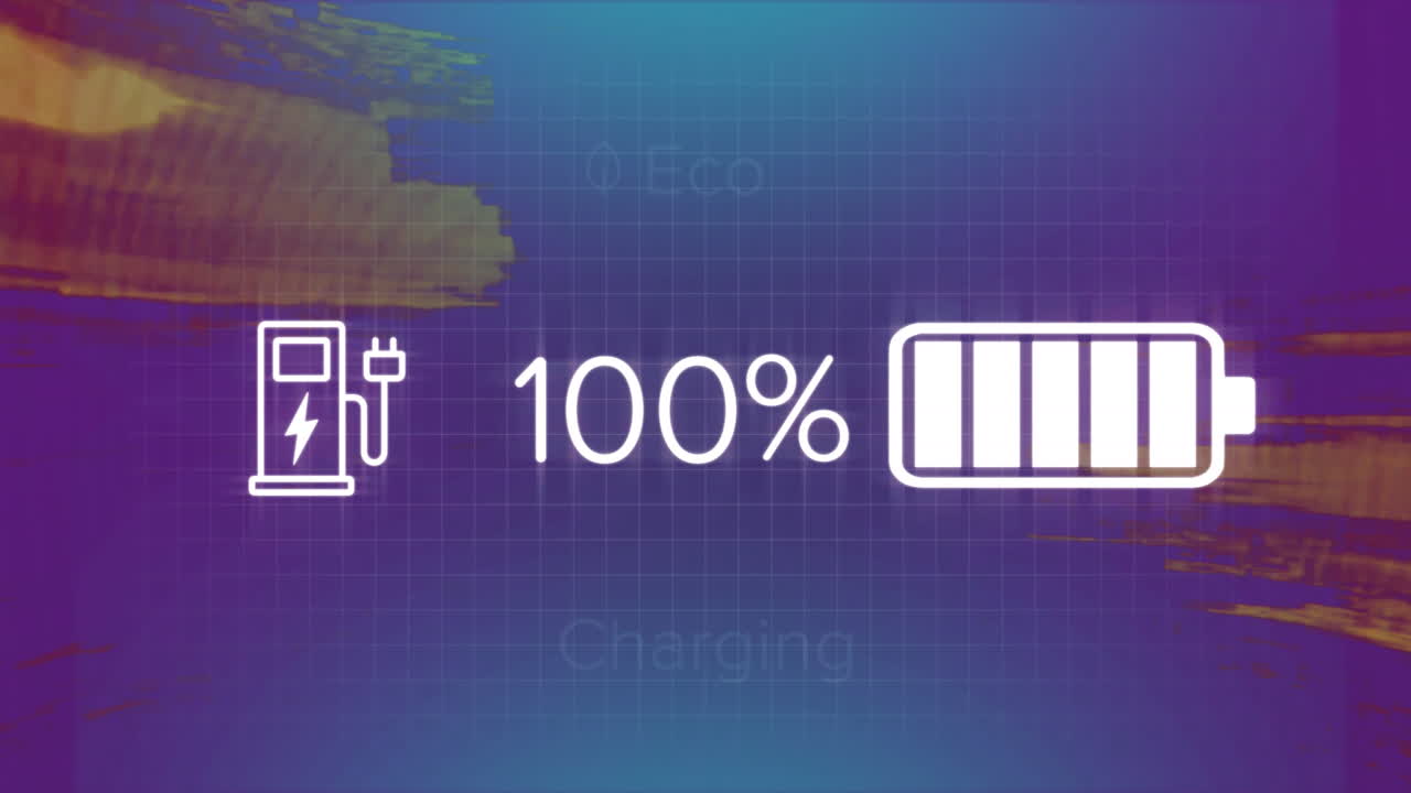 파란색 배경에 배터리 아이콘에서 번호와 바를 변경하는 에코 및 충전 텍스트의 애니메이션