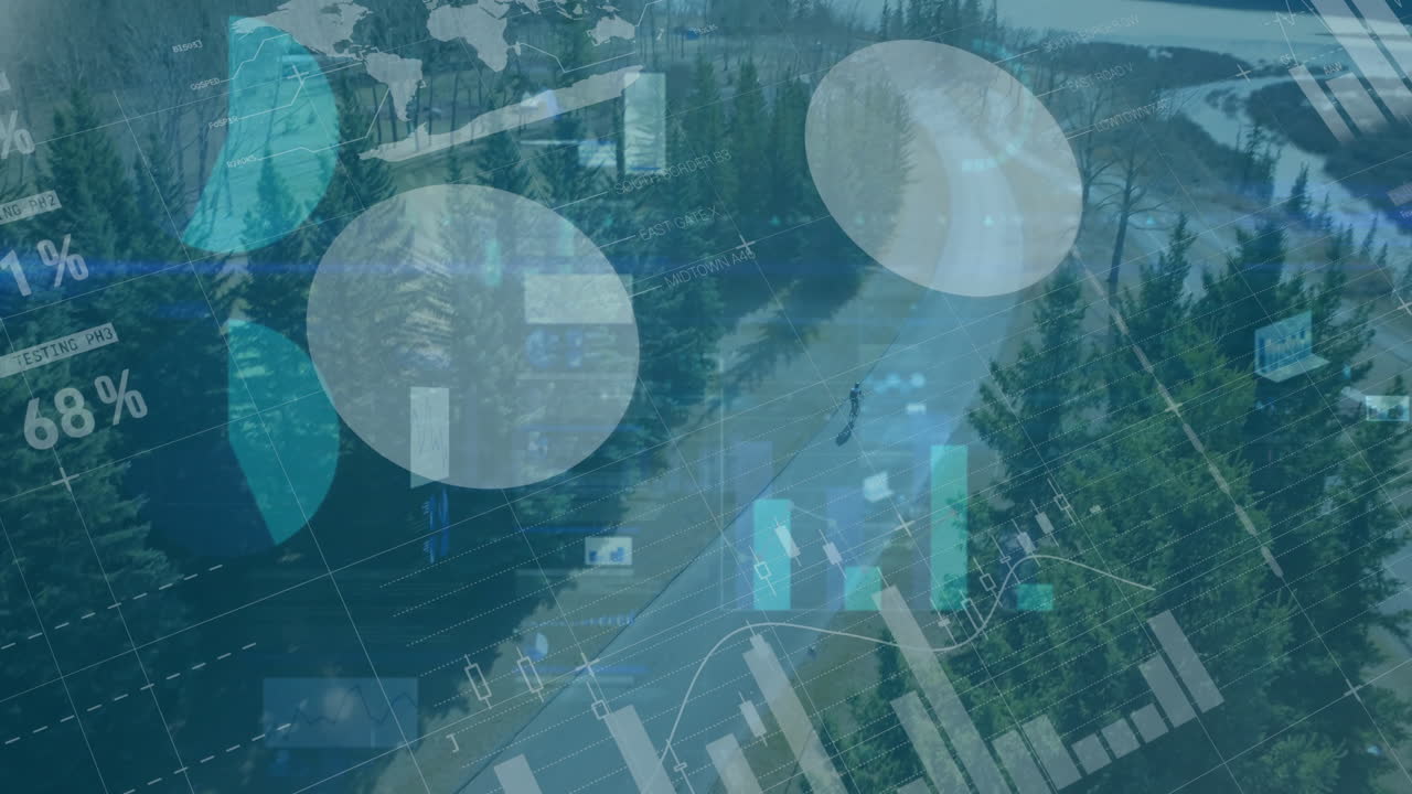 Data visualization animation over scenic forest road with trees and distant hills