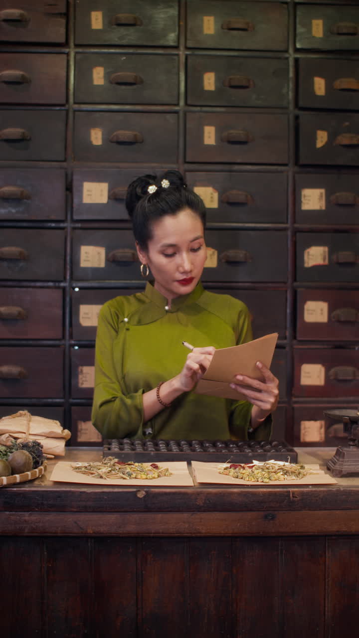 Asian Woman in Traditional Clothes Using Abacus at Herbal Pharmacy