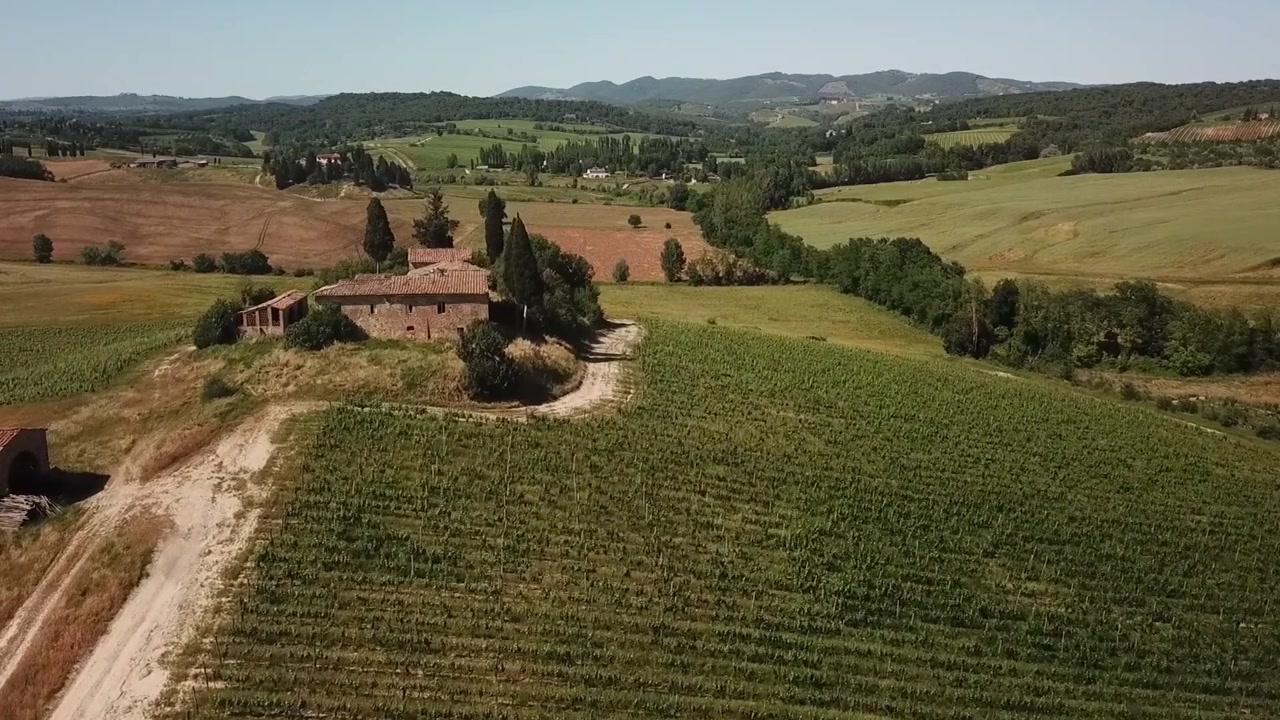 İtalya'nın Toskana kırsalında rustik bir çiftlik evi ve bağ manzarası üzerinde uçan drone