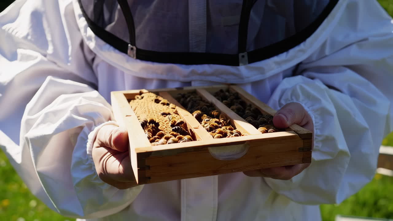 Beekeeper inspecting honeycomb frames in an apiary.