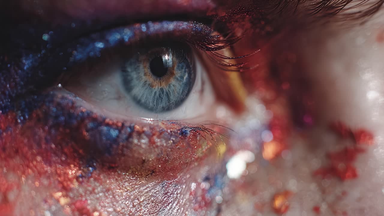 Close-up View of a Colorful Eye with Glittering Makeup Enhancements, Capturing the Intricate Details and Vibrant Hues Blending Perfectly Together