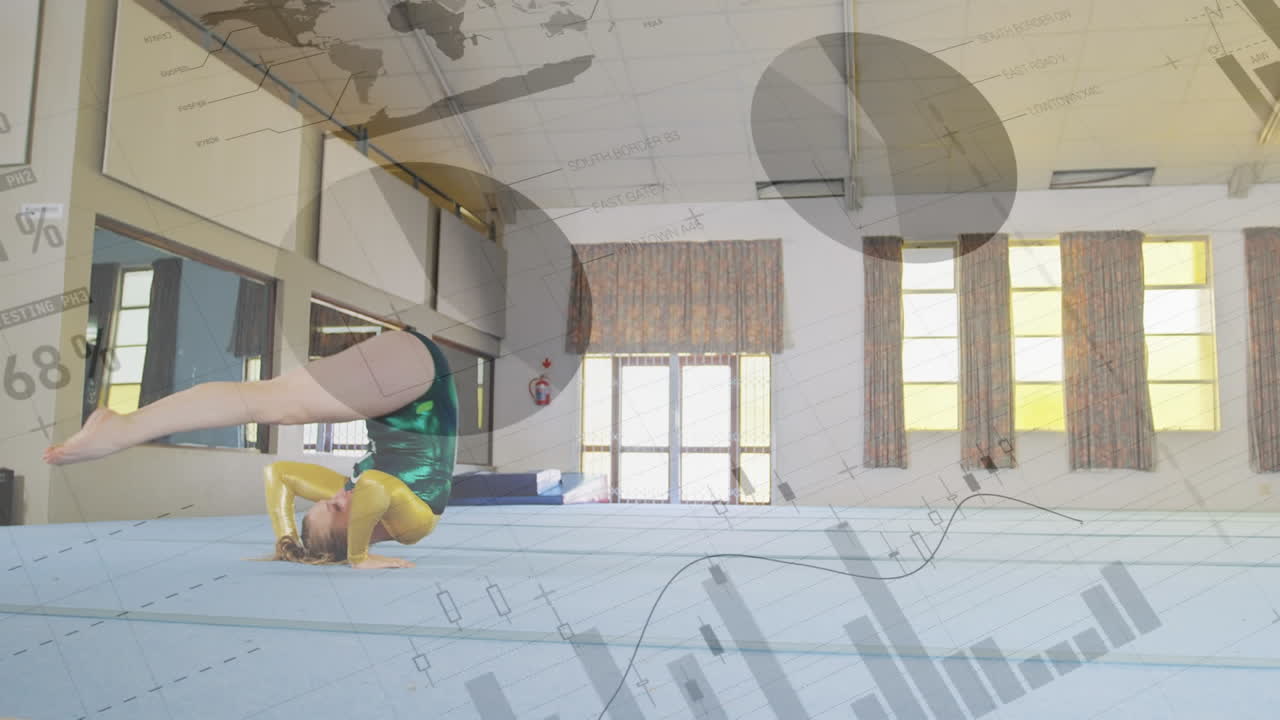 animación de procesamiento de datos estadísticos contra una gimnasta caucásica practicando en el gimnasio