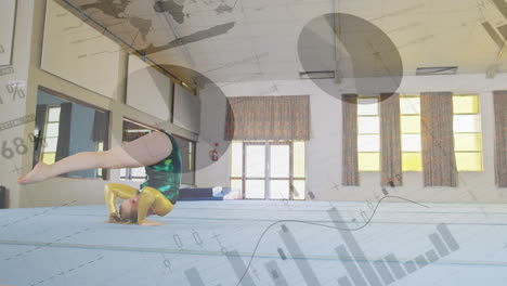 animación de procesamiento de datos estadísticos contra una gimnasta caucásica practicando en el gimnasio