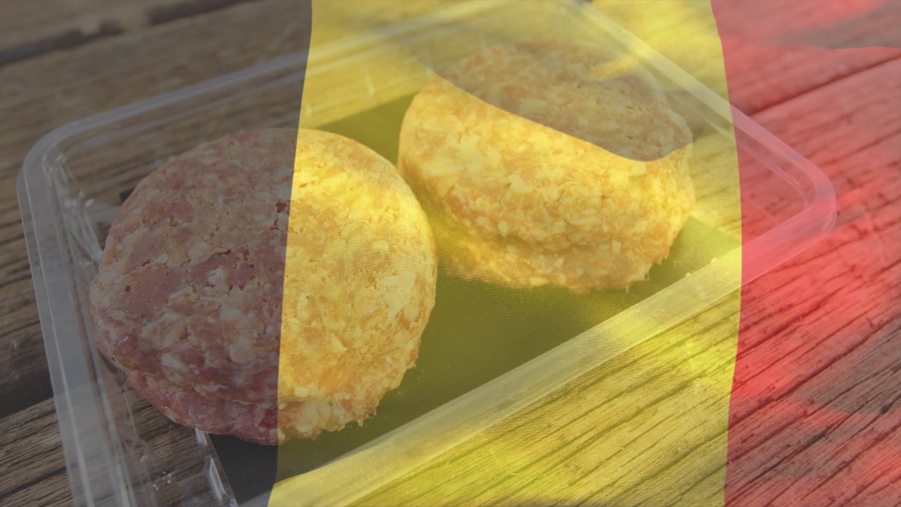 Tricolor overlay rippling and sweeping right over two patties in clear tray, changing hue