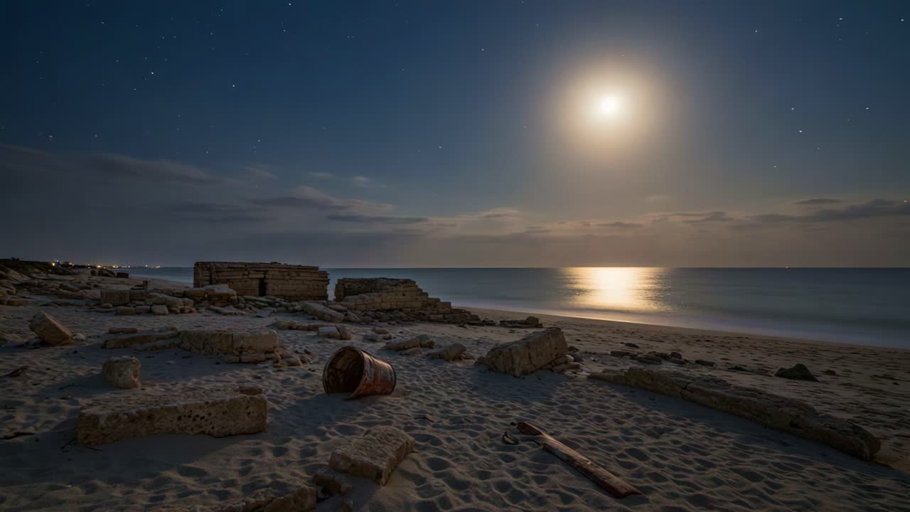 Moonlit Beach: A Serene Coastal Landscape with Remnants on Sand Understarry Sky and Reflective Water During Nighttime
