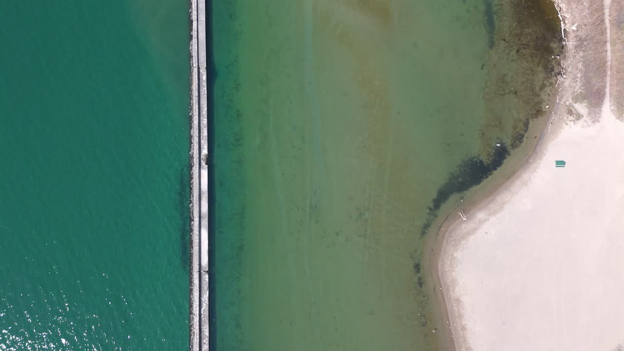 Aerial: Lake Ontario shore with beach and green water during the day in Toronto, Ontario, top down drone shot