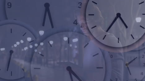using tablet with animation of clocks, person managing time and technology