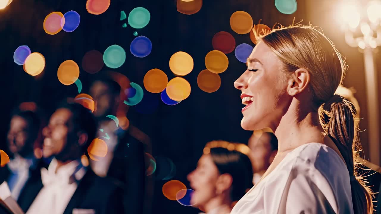 A vibrant video scene with a side profile of a smiling woman, colorful bokeh lights