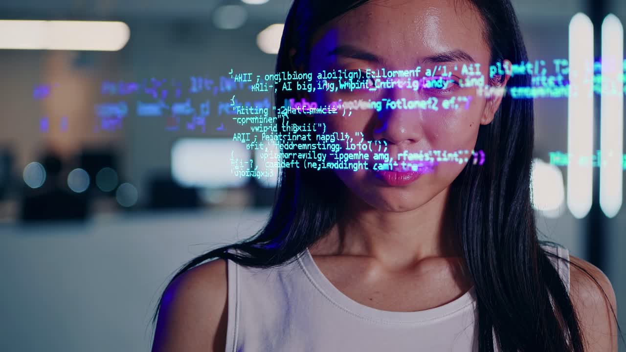 Close-up shot of a woman behind transparent code overlay, suggesting tech innovation