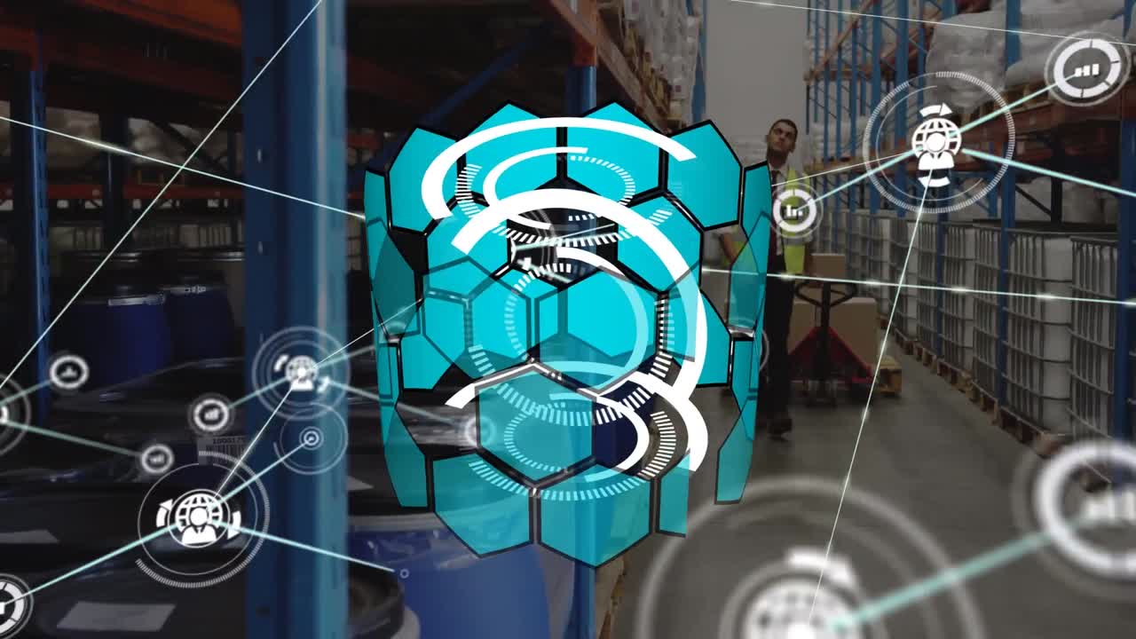 animación de una red de iconos digitales sobre un trabajador masculino biracial tirando de una paleta en un almacén.