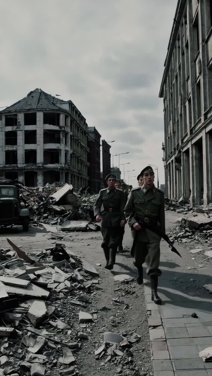 World War II soldiers marching through a ruined city