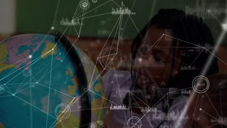 animación de una red de conexiones sobre una estudiante biracial con un globo