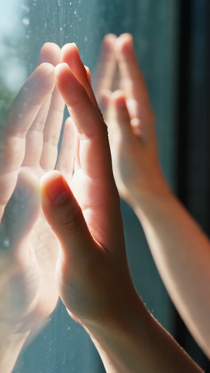 Hand Touching Glass with Sunlight Reflection